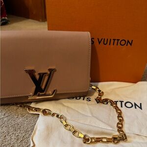 Louis Vuitton Tan Leather Chain Crossbody with Gold LV Plaque